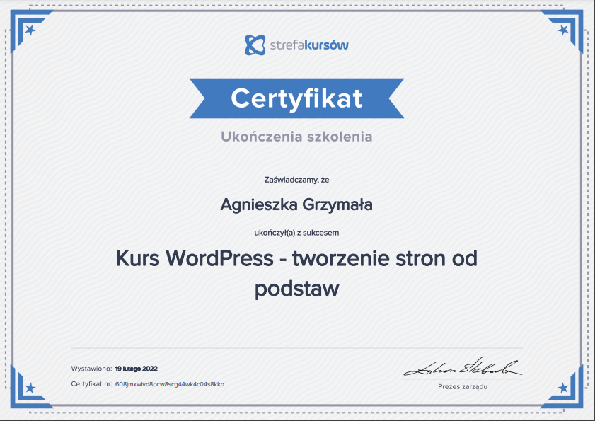 Certyfikat z budowania stron na WordPress